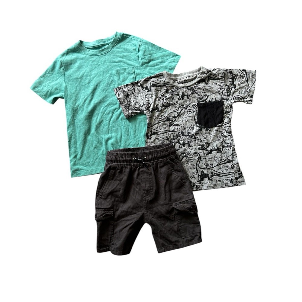 Bundle NEW of Kids Teal & Dinosaur Print T-Shirts with Charcoal Grey Shorts Set